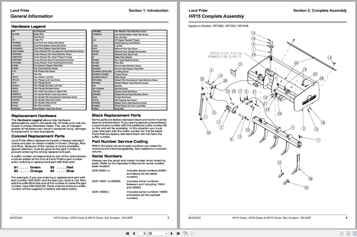Land Pride Box Scrapers HR15 HR25 MR15 Series Parts Manual 305 083P (2)