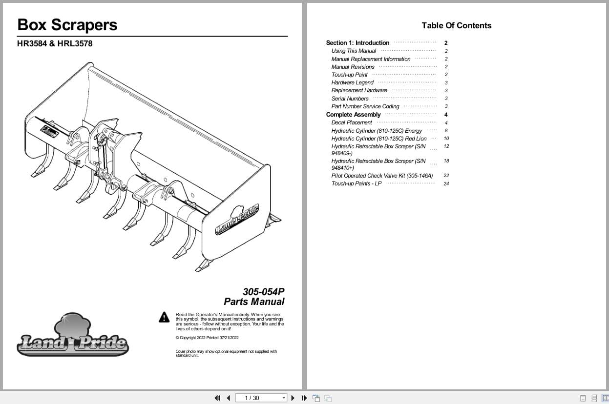Land Pride Box Scrapers HR3584 HRL3578 Parts Manual 305 054P (1)