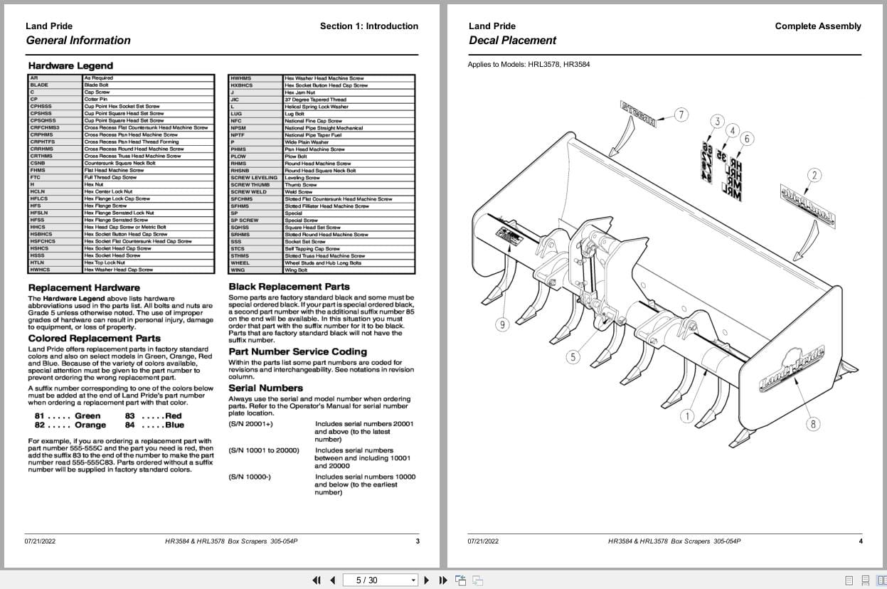 Land Pride Box Scrapers HR3584 HRL3578 Parts Manual 305 054P (2)