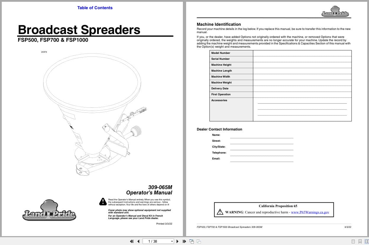 Land Pride Broadcast Spreader FSP500 FSP700 FSP1000 Operation Manual 309 065M (1)