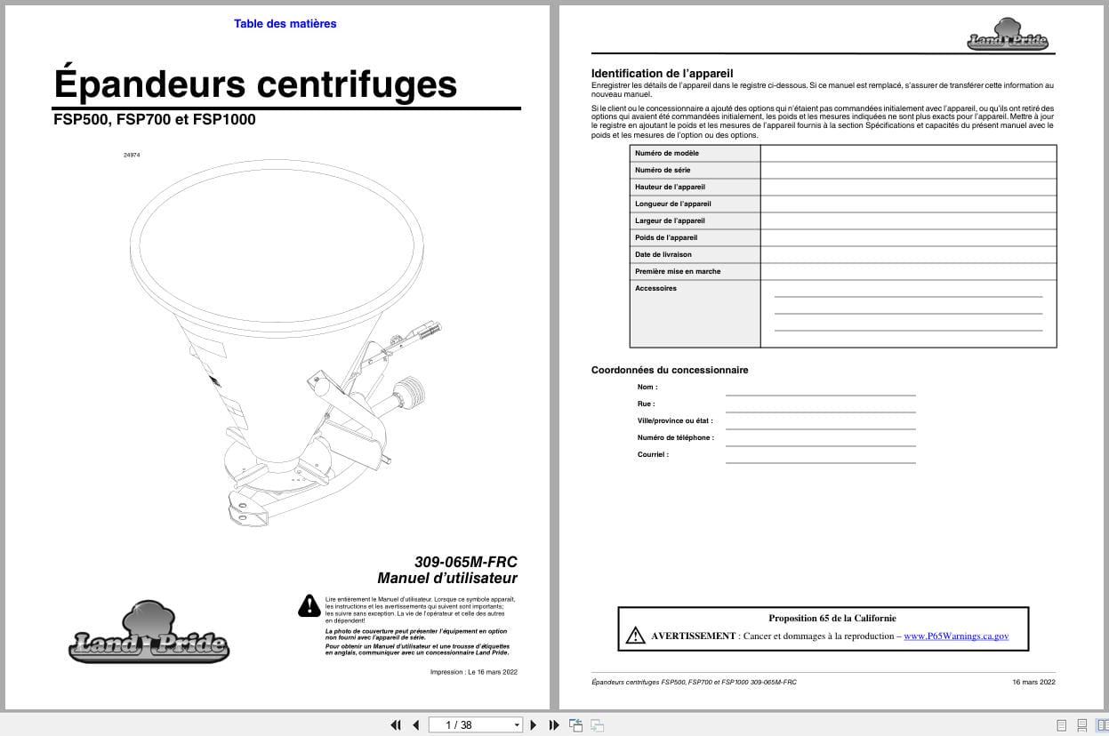 Land Pride Broadcast Spreader FSP500 FSP700 FSP1000 Operator Manual 309 065M FRC FR (1)