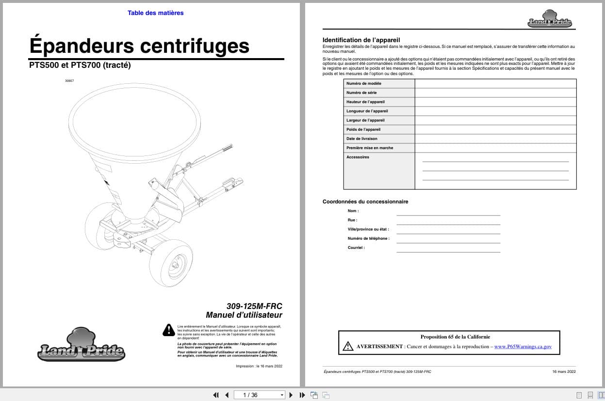 Land Pride Broadcast Spreader PTS500 PTS700 Operator Manual 309 125M FRC FR (1)