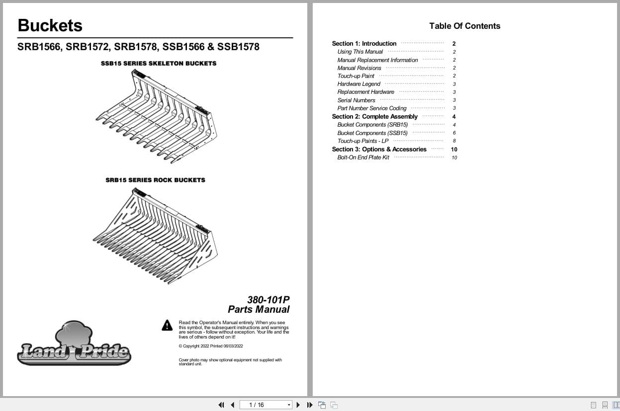 Land Pride Buckets SRB1566 to SSB1578 Parts Manual 380 101P (1)