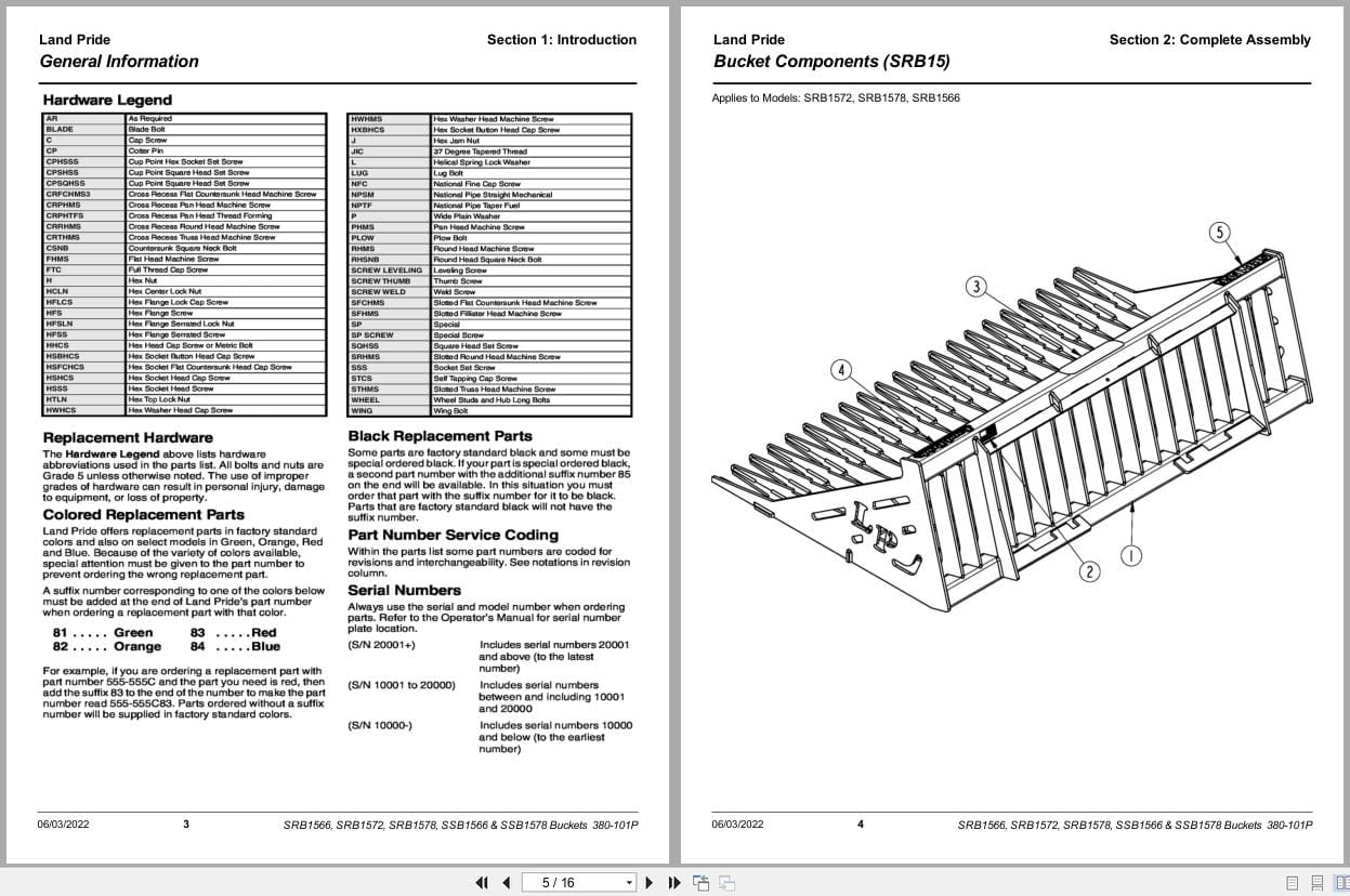 Land Pride Buckets SRB1566 to SSB1578 Parts Manual 380 101P (2)