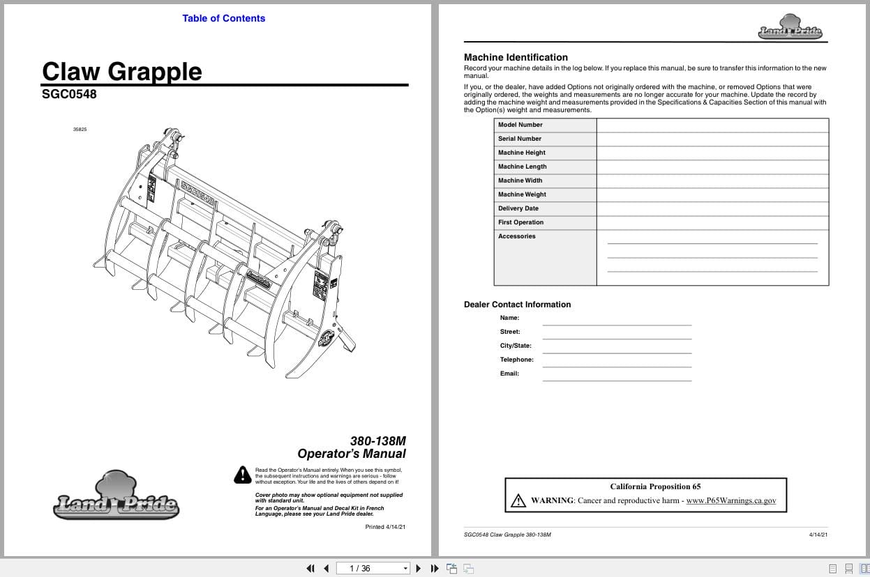Land Pride Claw Grapple SGC0548 Operation Manual 380 138M (1)