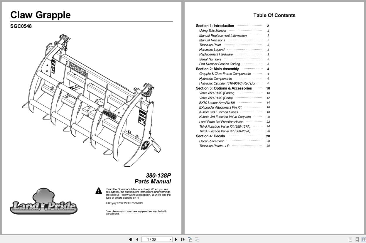 Land Pride Claw Grapple SGC0548 Parts Manual 380 138P (1)