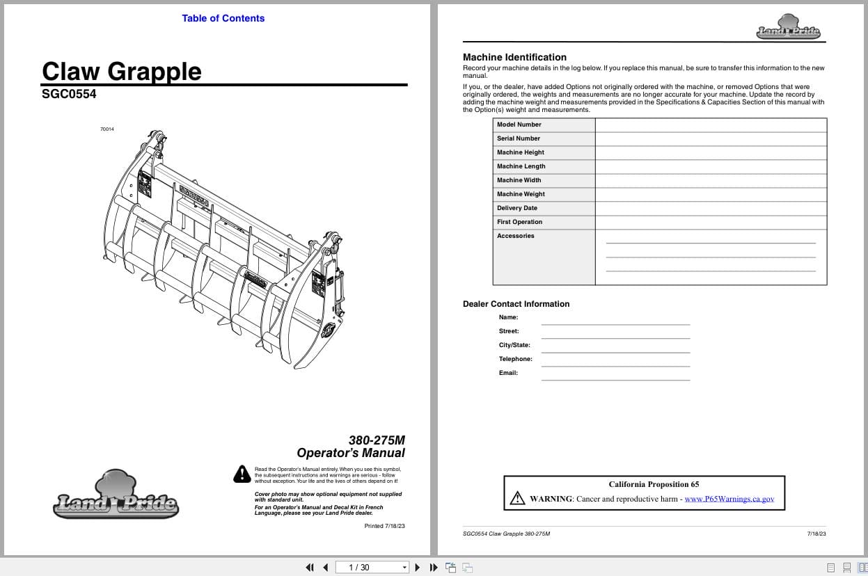 Land Pride Claw Grapple SGC0554 Operation Manual 380 275M (1)