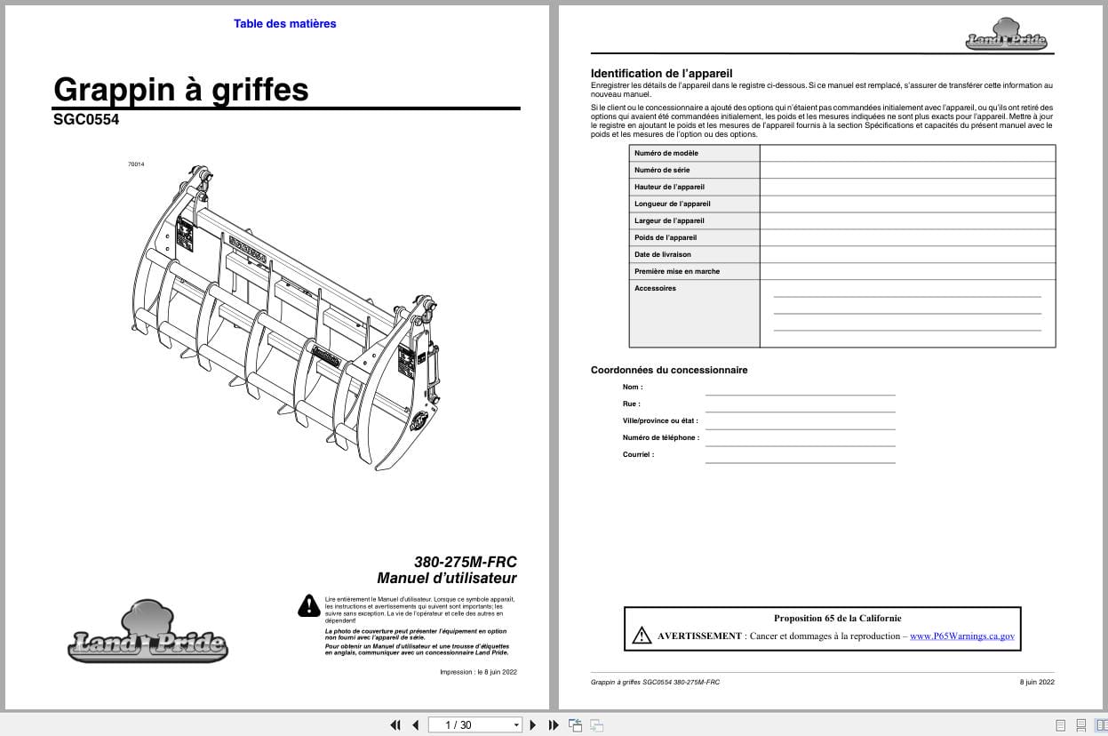 Land Pride Claw Grapple SGC0554 Operator Manual 380 275M FRC FR (1)