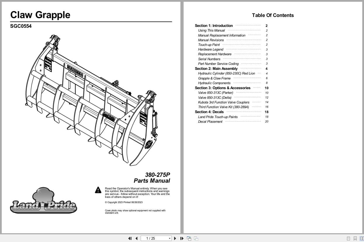 Land Pride Claw Grapple SGC0554 Parts Manual 380 275P (1)