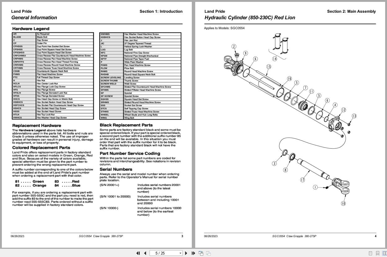 Land Pride Claw Grapple SGC0554 Parts Manual 380 275P (2)