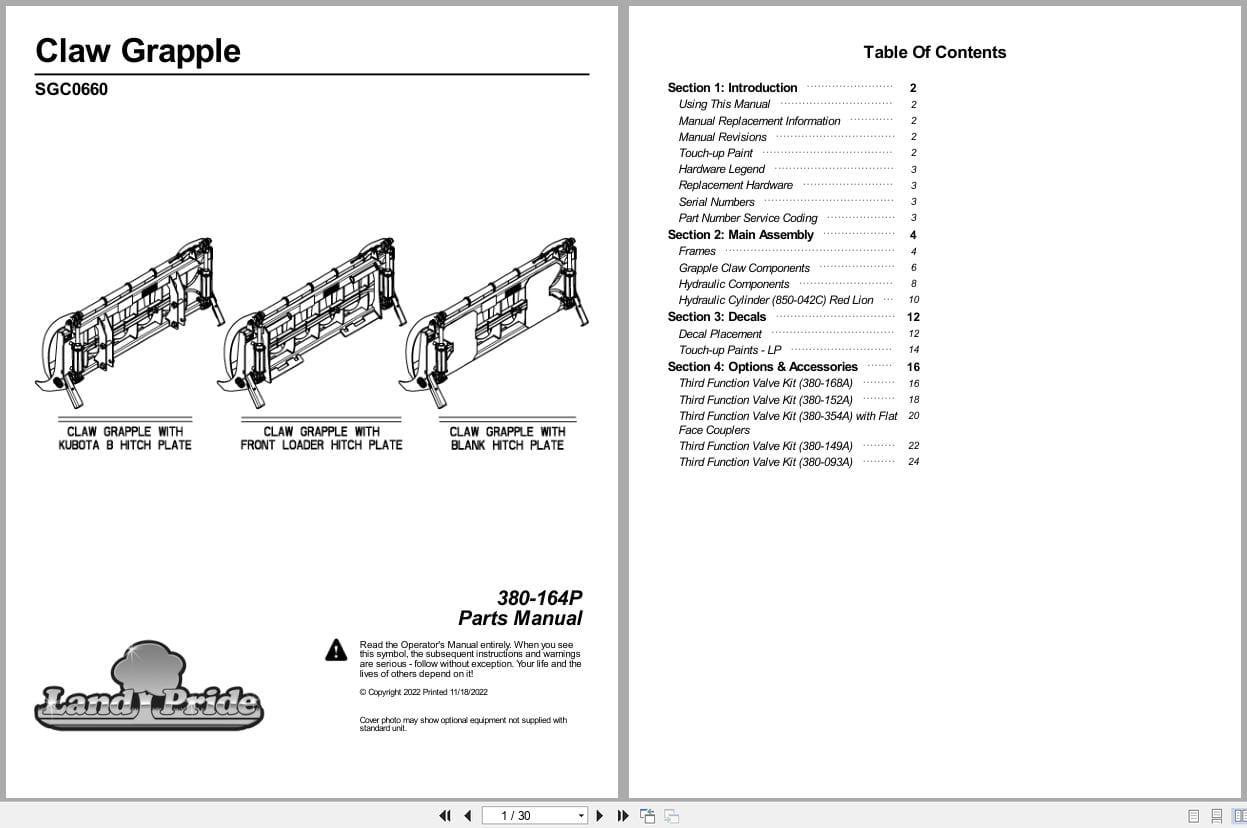 Land Pride Claw Grapple SGC0660 Parts Manual 380 164P (1)