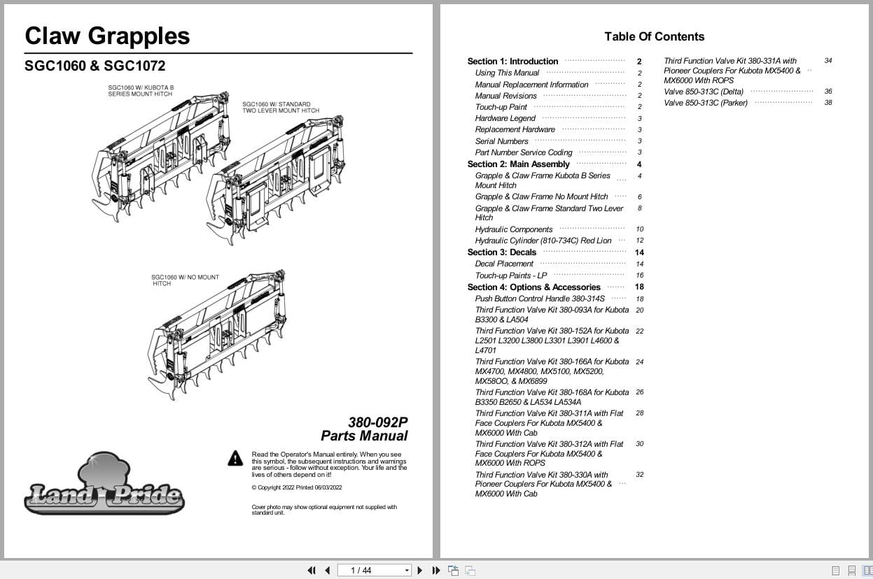 Land Pride Claw Grapples SGC1060 SGC1072 Parts Manual 380 092P (1)