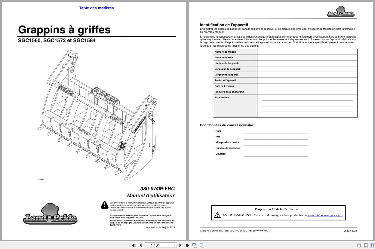 Land Pride Claw Grapples SGC1560 SGC1572 SGC1584 Operator Manual 380 074M FRC FR (1)