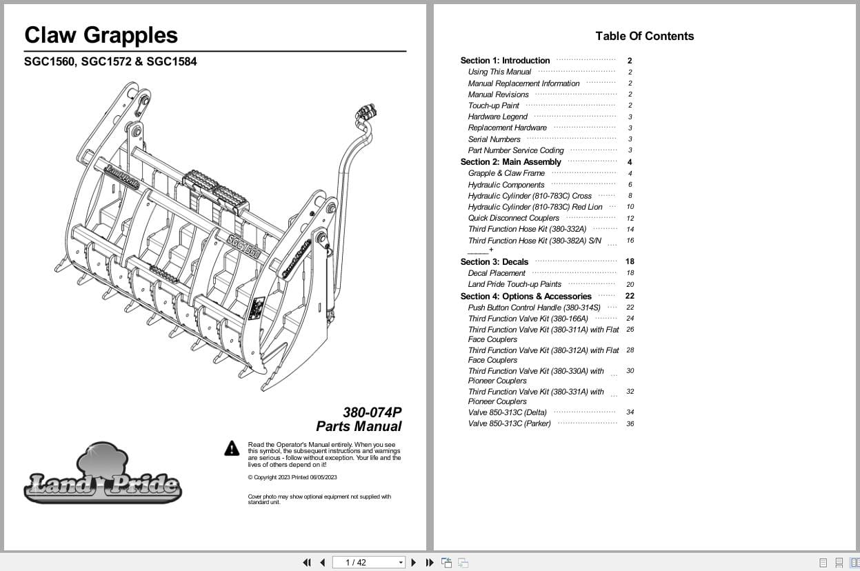 Land Pride Claw Grapples SGC1560 SGC1572 SGC1584 Parts Manual 380 074P (1)