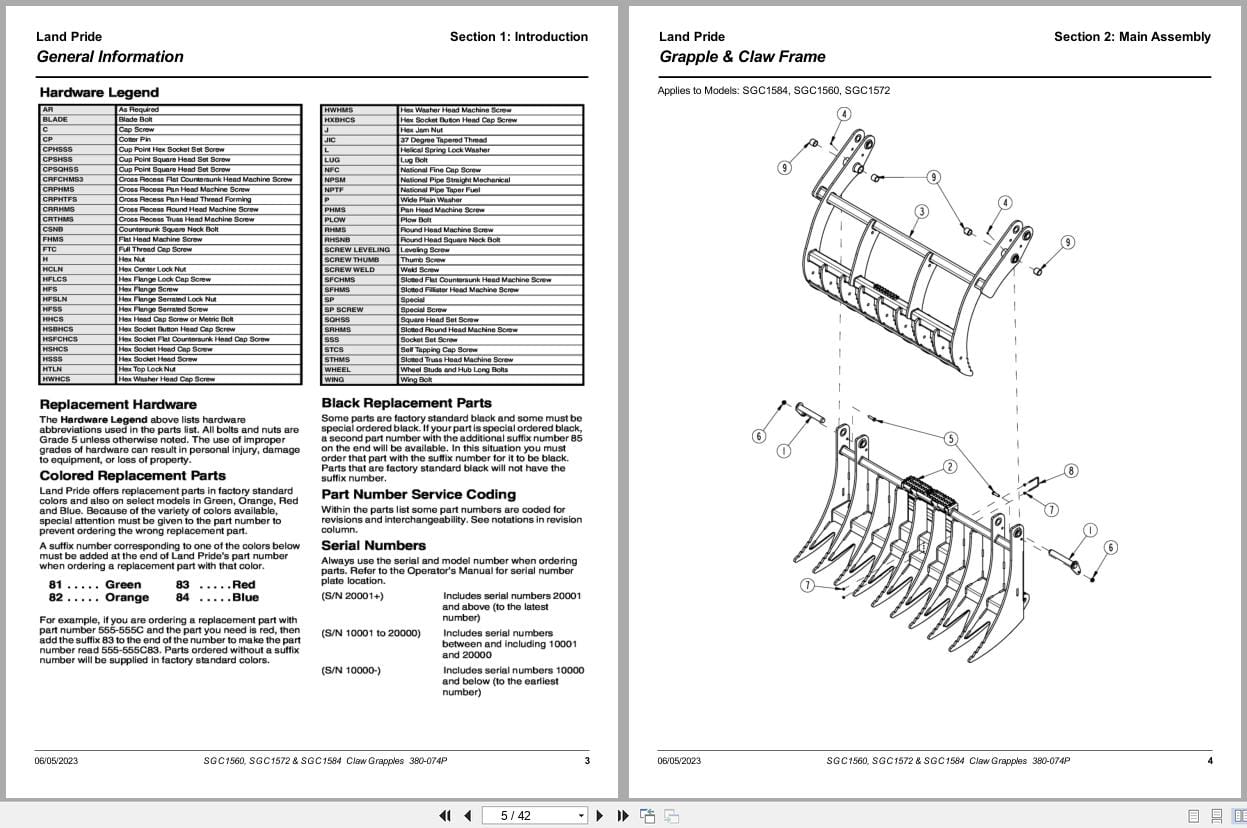 Land Pride Claw Grapples SGC1560 SGC1572 SGC1584 Parts Manual 380 074P (2)