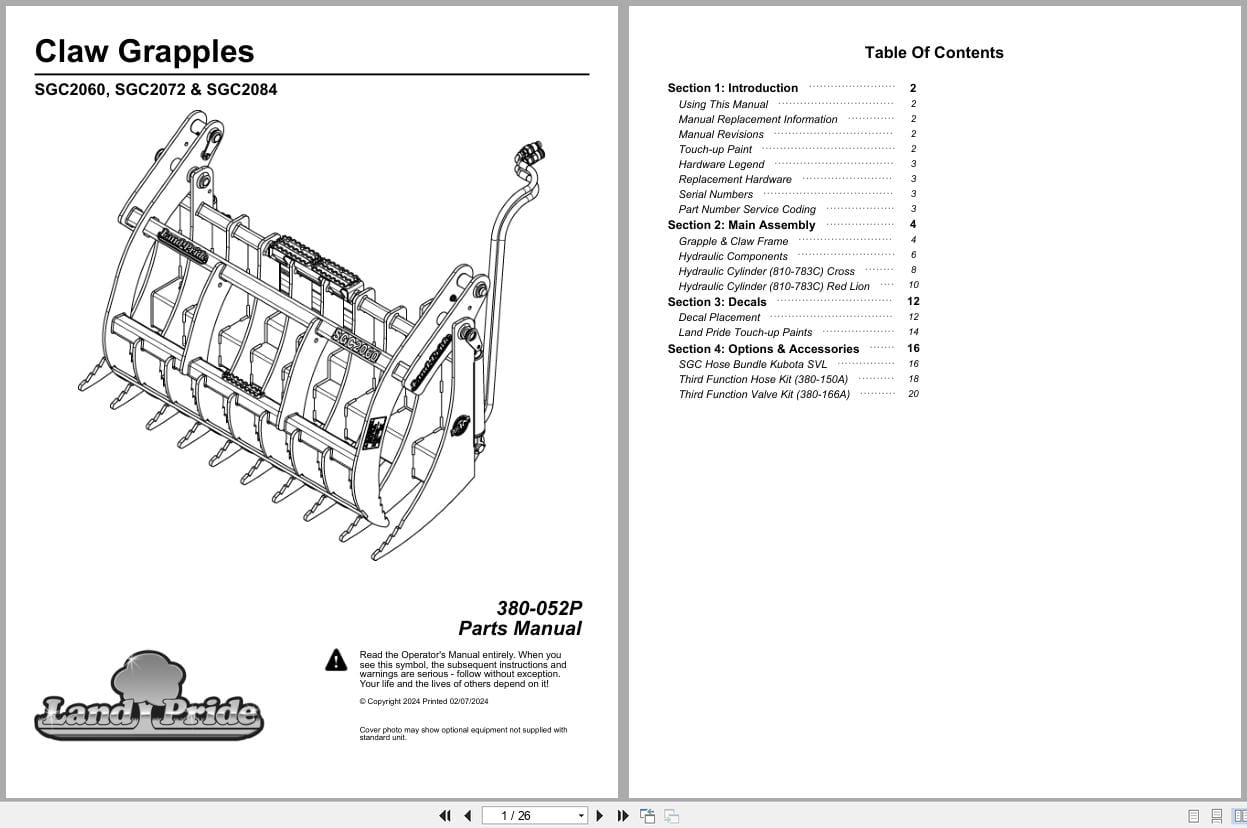 Land Pride Claw Grapples SGC2060 SGC2072 SGC2084 Parts Manual 380 052P (1)