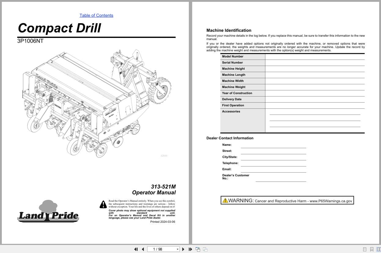Land Pride Compact Drills 3P1006NT Operator Manual 313 521M (1)