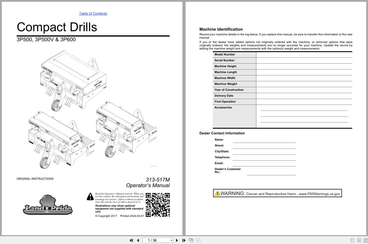 Land Pride Compact Drills 3P500 3P500V 3P600 Operator Manual 313 517M (1)