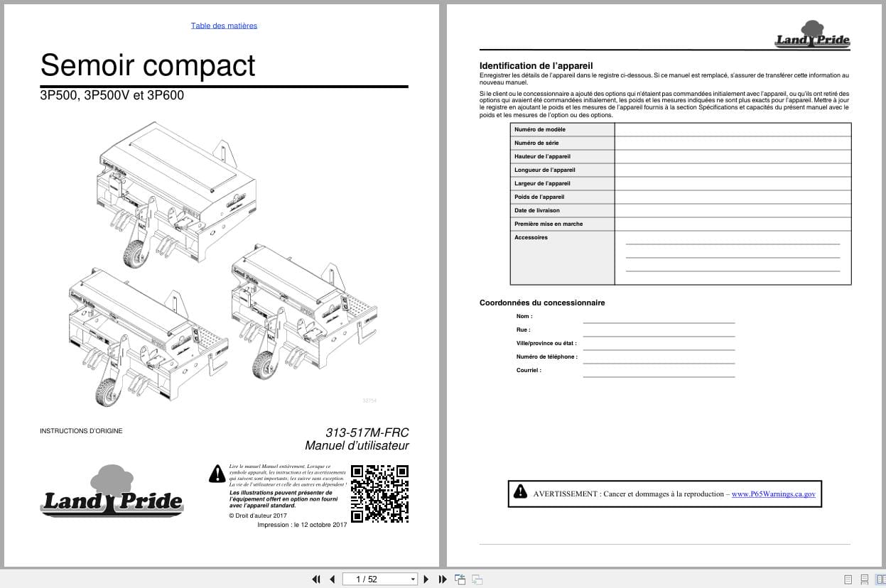Land Pride Compact Drills 3P500 3P500V 3P600 Operator Manual 313 517M FRC FR (1)