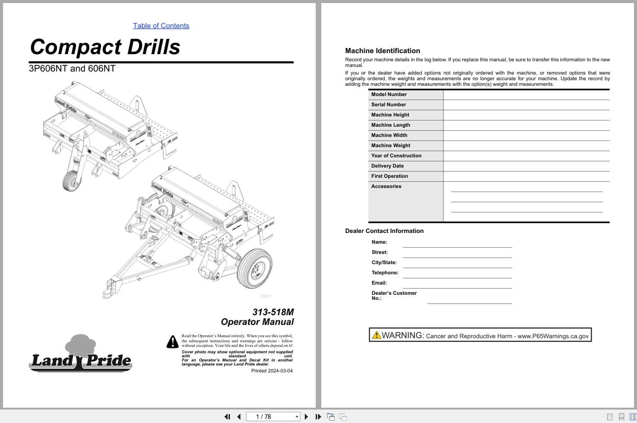 Land Pride Compact Drills 3P606NT 606NT Operator Manual 313 518M (1)
