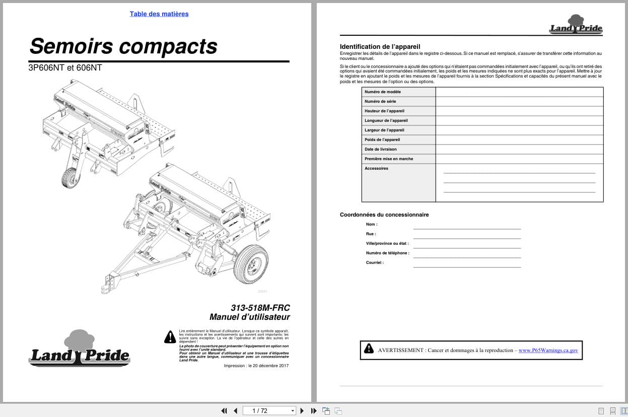 Land Pride Compact Drills 3P606NT 606NT Operator Manual 313 518M FRC FR (1)