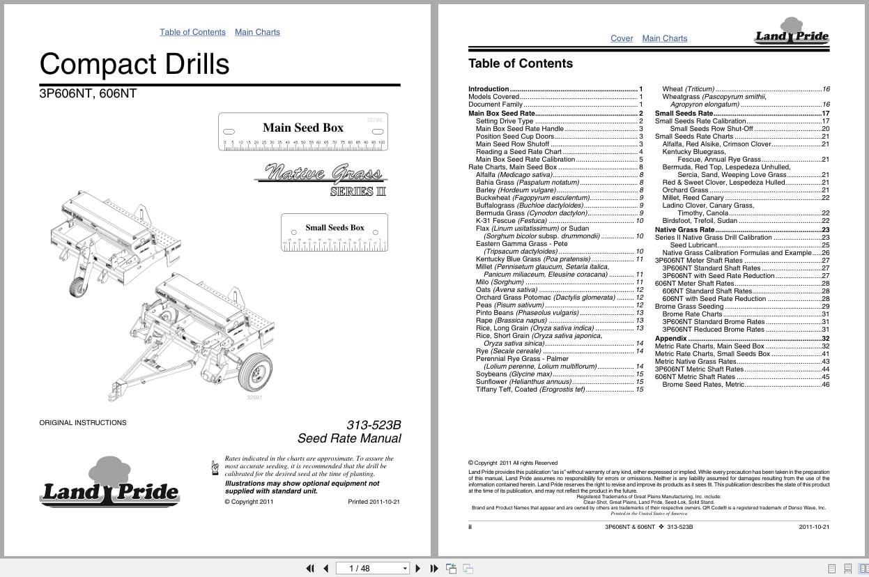 Land Pride Compact Drills 3P606NT 606NT Seed Rate Manual 313 523B (1)