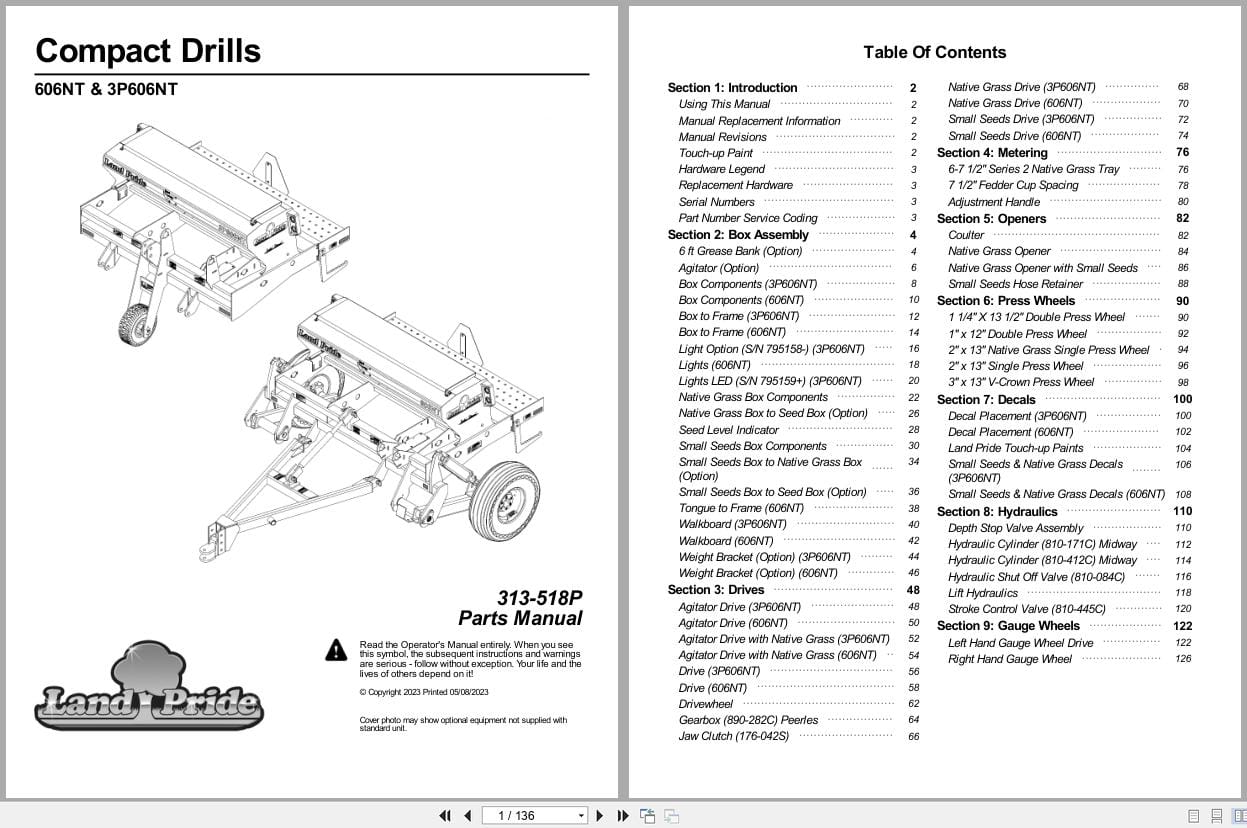 Land Pride Compact Drills 606NT 3P606NT Parts Manual 313 518P (1)