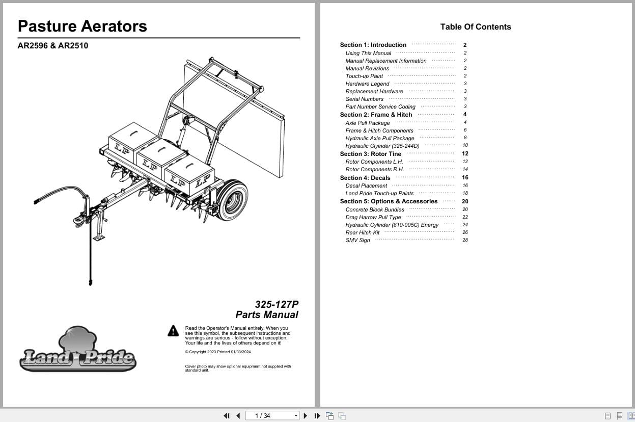 Land Pride Core Aerators AR2596 AR2510 Parts Manual 325 127P (1)