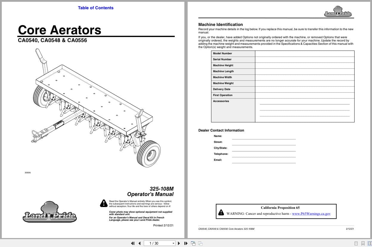 Land Pride Core Aerators CA0540 CA0548 CA0556 Operation Manual 325 108M (1)