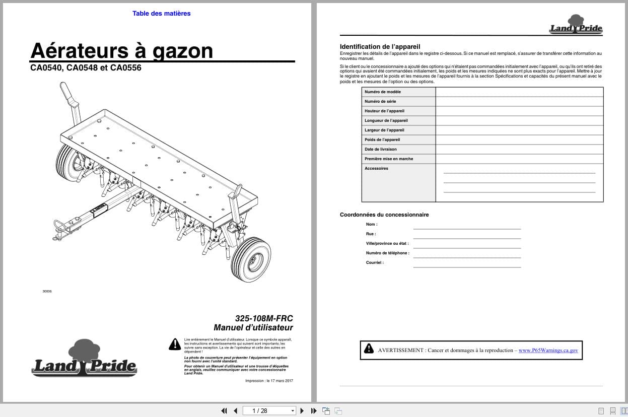 Land Pride Core Aerators CA0540 CA0548 CA0556 Operator Manual 325 108M FRC FR (1)