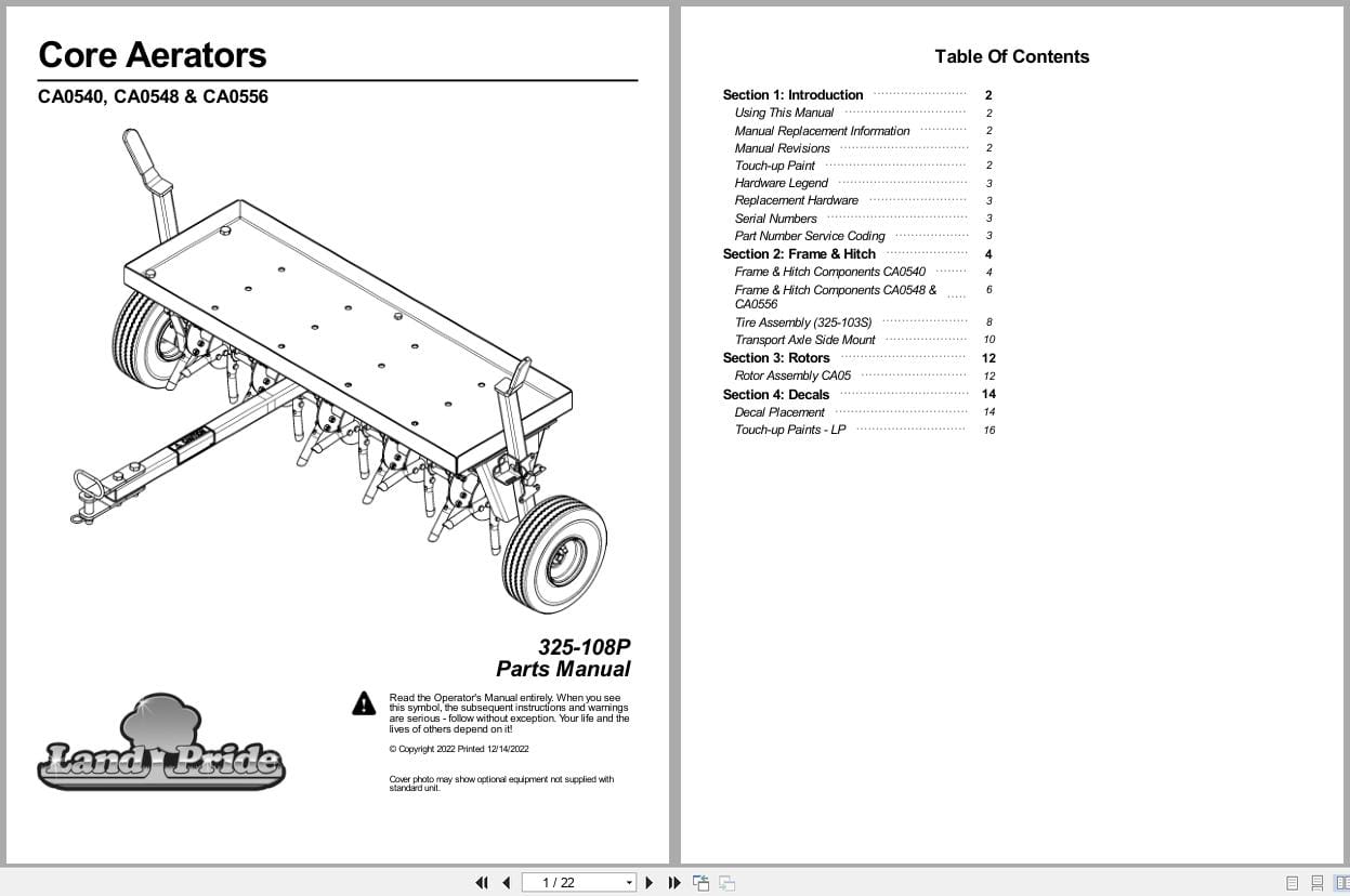 Land Pride Core Aerators CA0540 CA0548 CA0556 Parts Manual 325 108P (1)