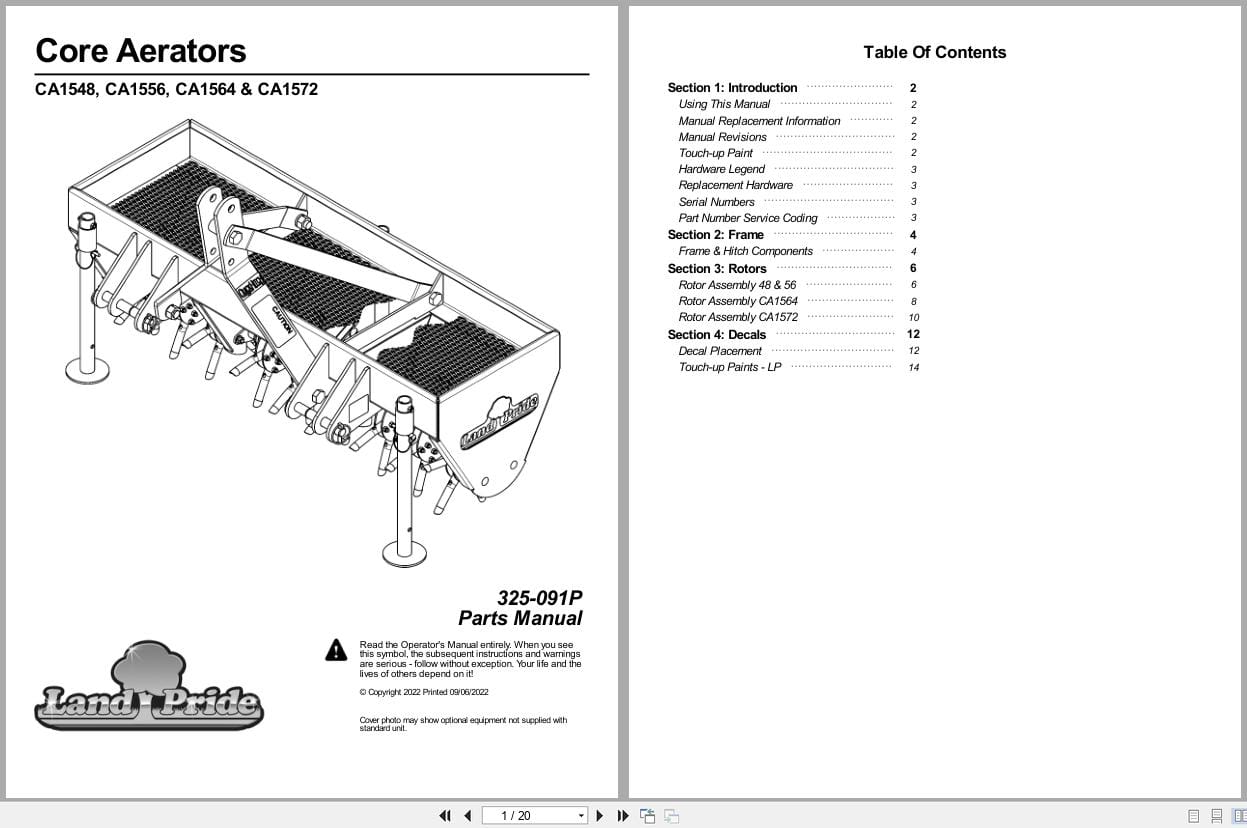 Land Pride Core Aerators CA1548 CA1556 CA1564 CA1572 Parts Manual 325 091P (1)
