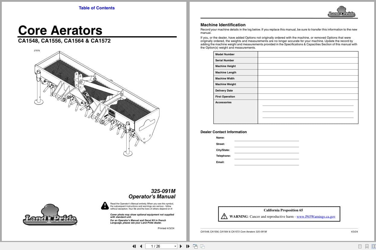 Land Pride Core Aerators CA1548 to CA1572 Operation Manual 325 091M (1)