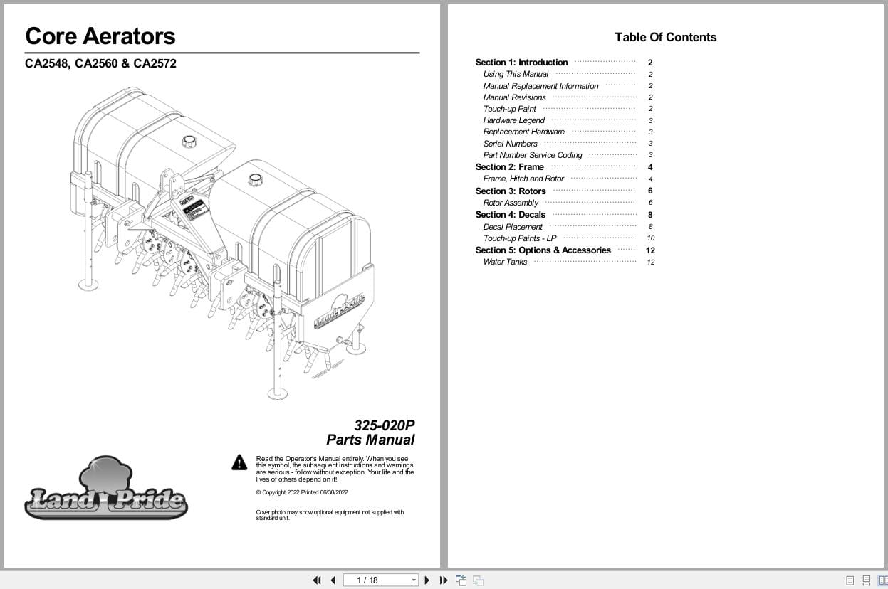 Land Pride Core Aerators CA2548 CA2560 CA2572 Parts Manual 325 020P (1)