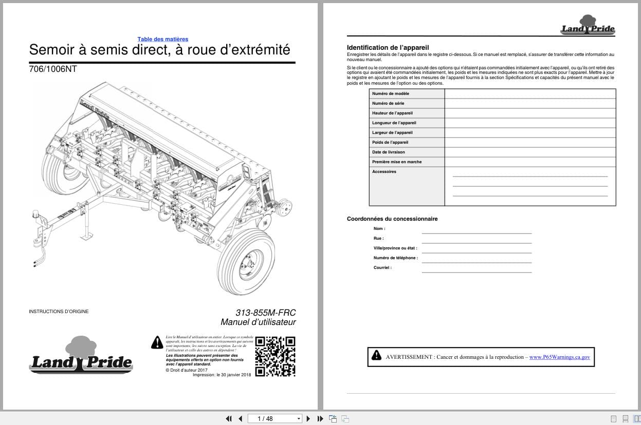 Land Pride Direct Seeding Drill 706NT 1006NT Operator Manual 313 855M FRC FR (1)