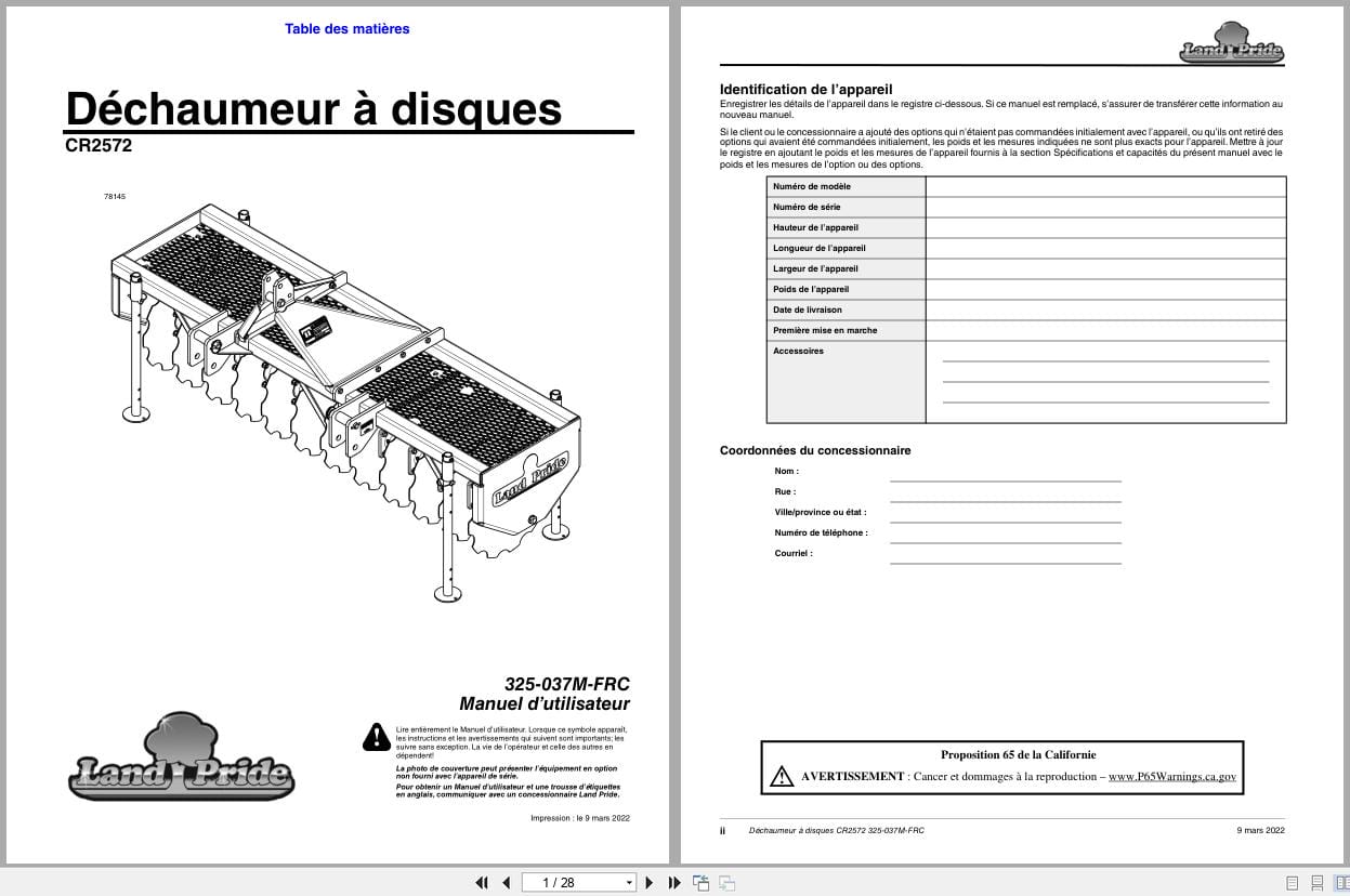 Land Pride Disc Harrows CR2572 Operator Manual 325 037M FRC FR (1)