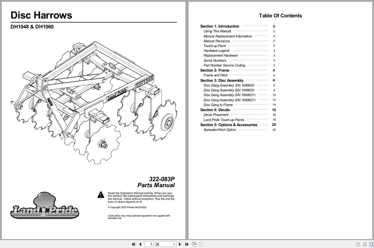 Land Pride Disc Harrows DH1048 DH1060 Parts Manual 322 083P (1)