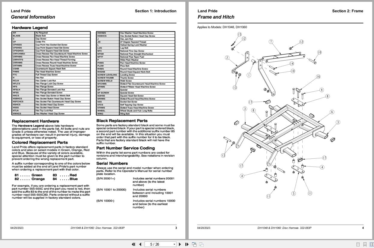 Land Pride Disc Harrows DH1048 DH1060 Parts Manual 322 083P (2)
