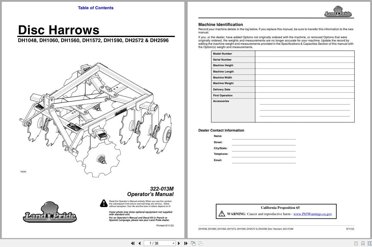 Land Pride Disc Harrows DH1048 to DH2596 Operation Manual 322 013M (1)