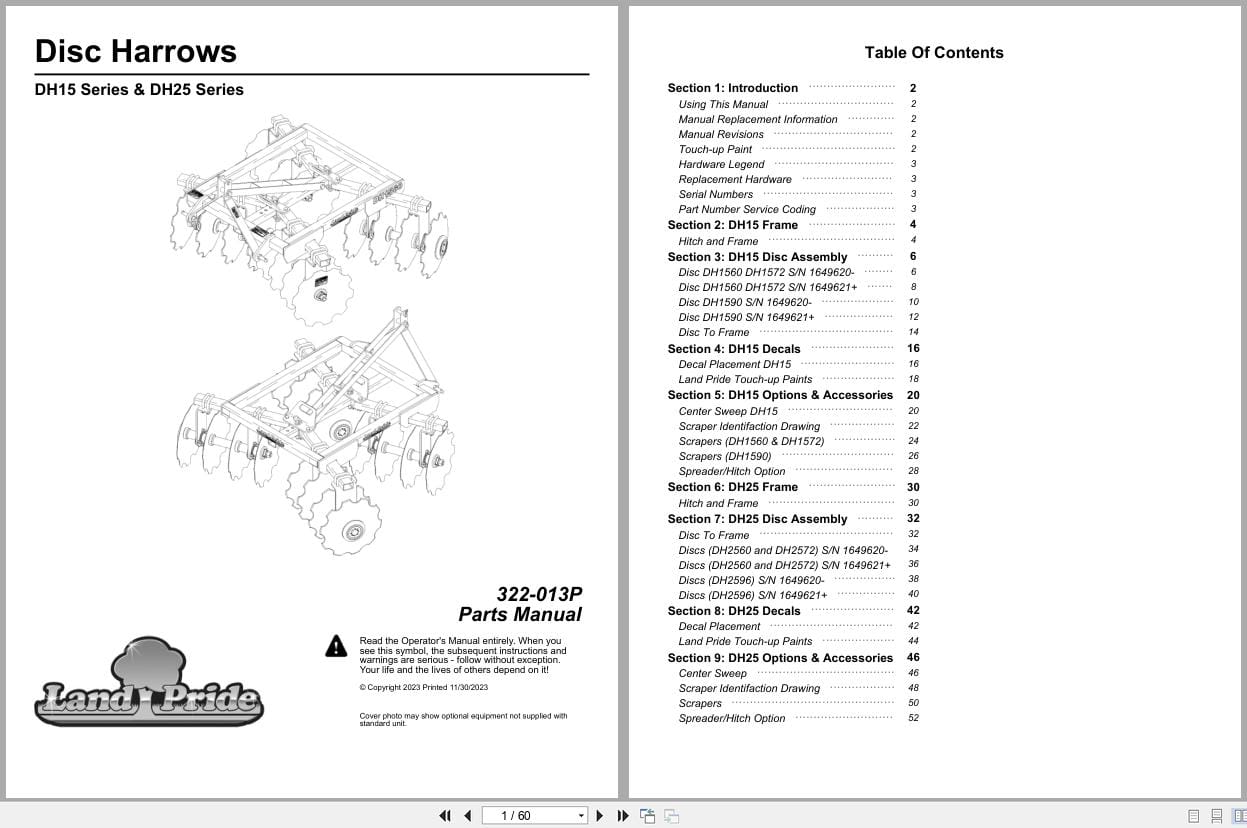 Land Pride Disc Harrows DH15 DH25 Series Parts Manual 322 013P (1)