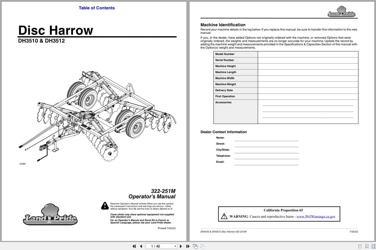 Land Pride Disc Harrows DH3510 DH3512 Operation Manual 322 251M (1)