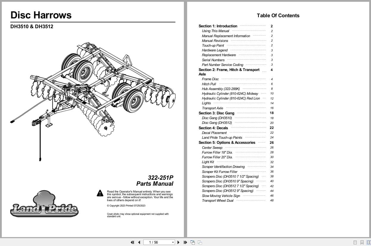 Land Pride Disc Harrows DH3510 DH3512 Parts Manual 322 251P (1)
