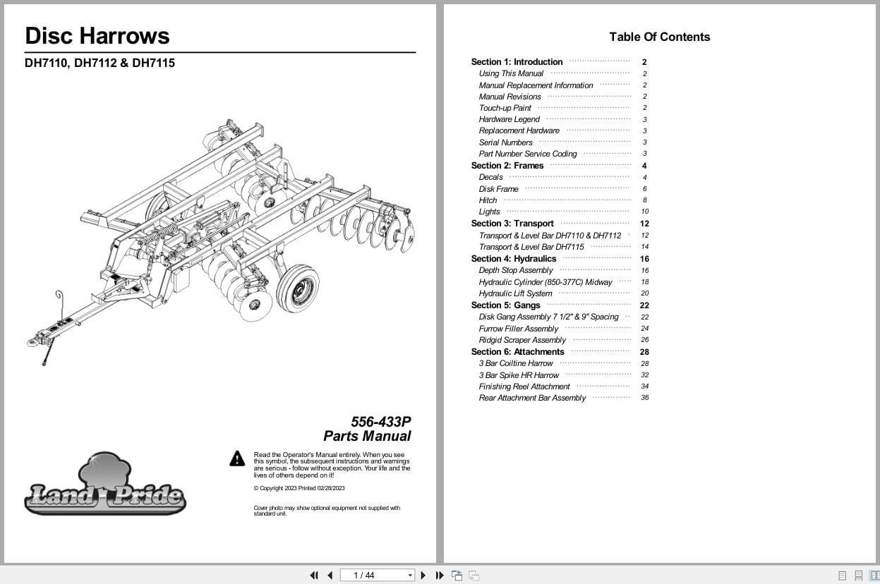 Land Pride Disc Harrows DH7110 DH7112 DH7115 Parts Manual 556 433P (1)
