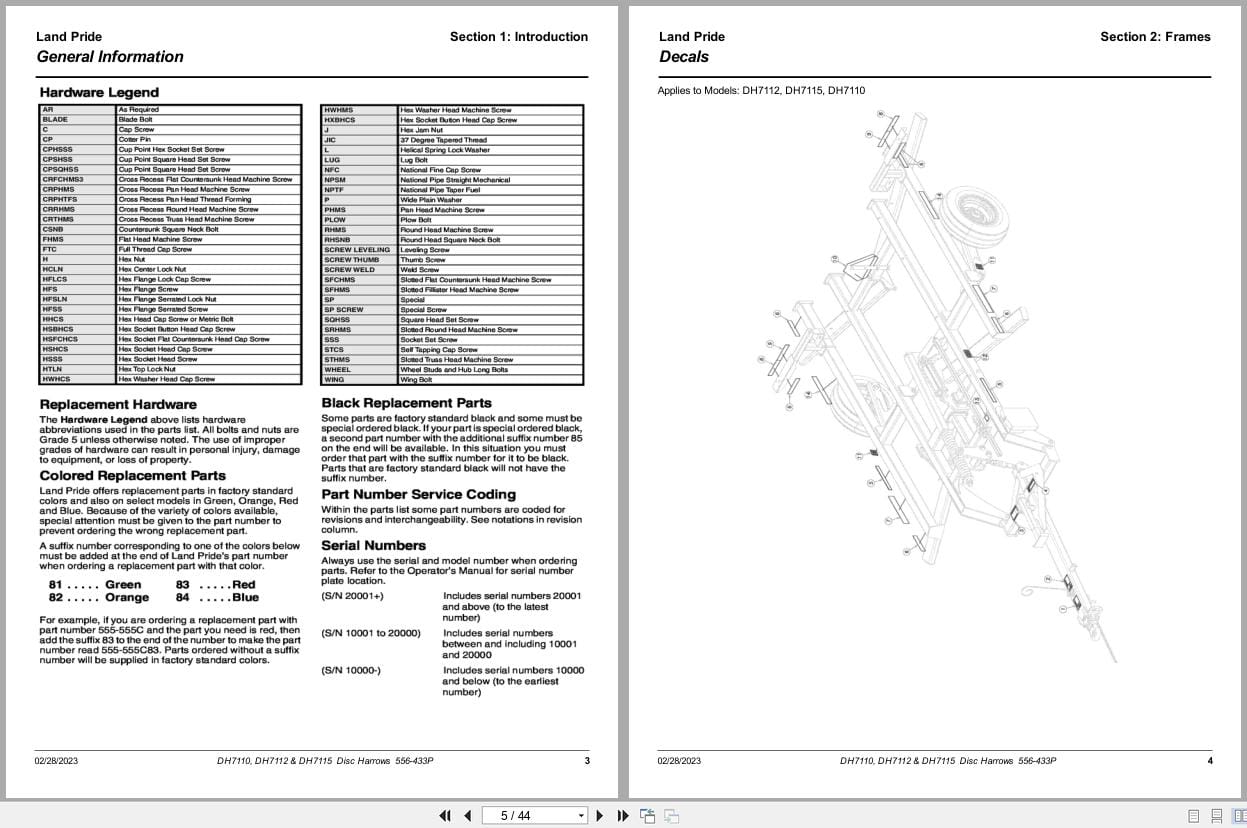 Land Pride Disc Harrows DH7110 DH7112 DH7115 Parts Manual 556 433P (2)