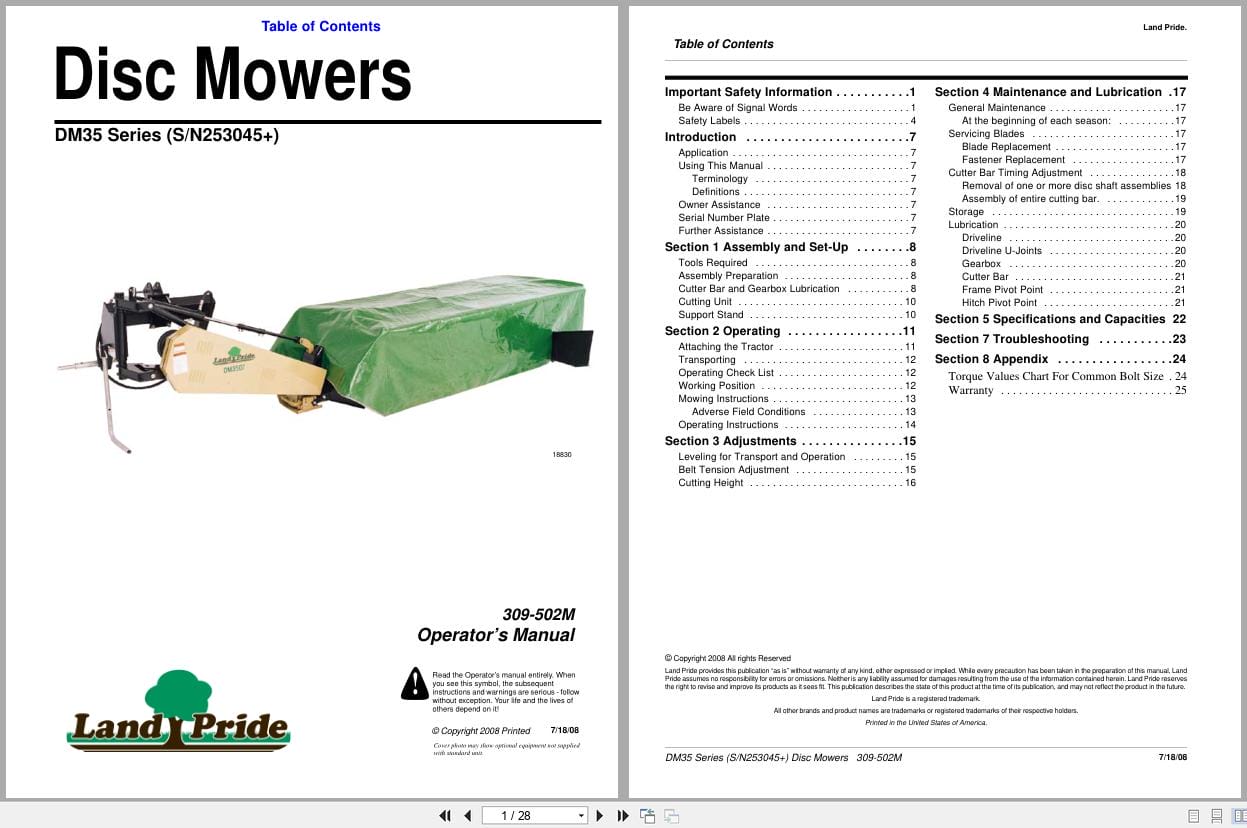Land Pride Disc Mower DM35 Series Operator Manual 309 502M (1)