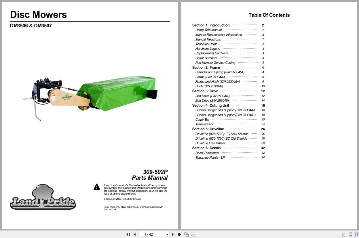 Land Pride Disc Mower DM3506 DM3507 Parts Manual 309 502P (1)