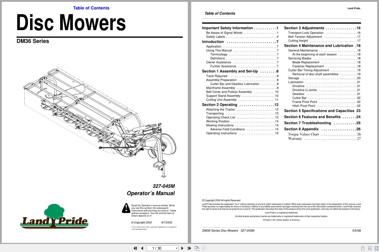 Land Pride Disc Mower DM36 Series Operator Manual 327 045M (1)
