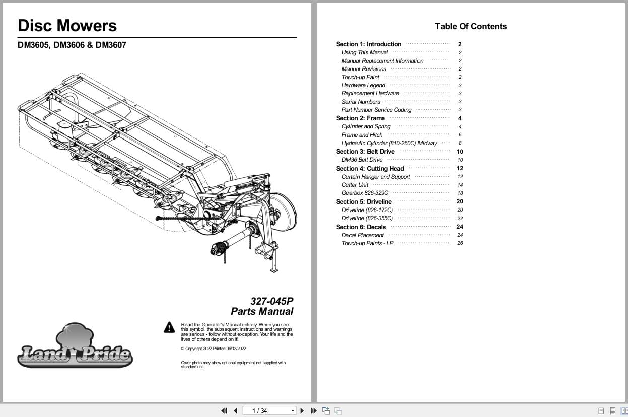 Land Pride Disc Mower DM3605 DM3606 DM3607 Parts Manual 327 045P (1)