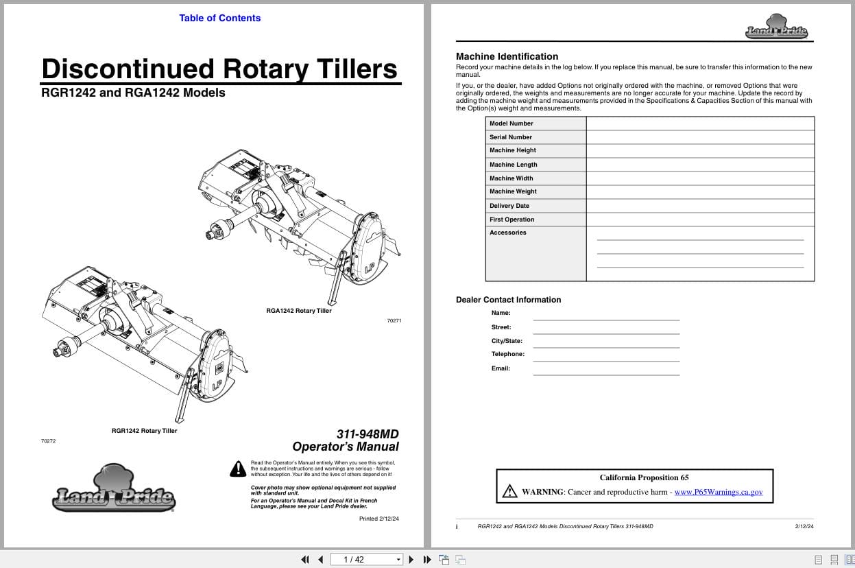 Land Pride Discontinued Rotary Tillers RGR1242 RGA1242 Operator Manual 311 948MD (1)
