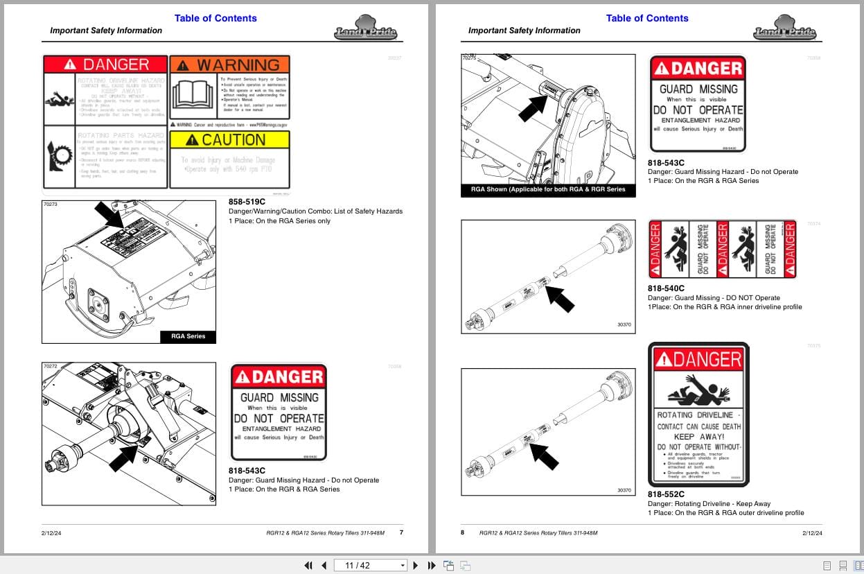 Land Pride Discontinued Rotary Tillers RGR1242 RGA1242 Operator Manual 311 948MD (2)